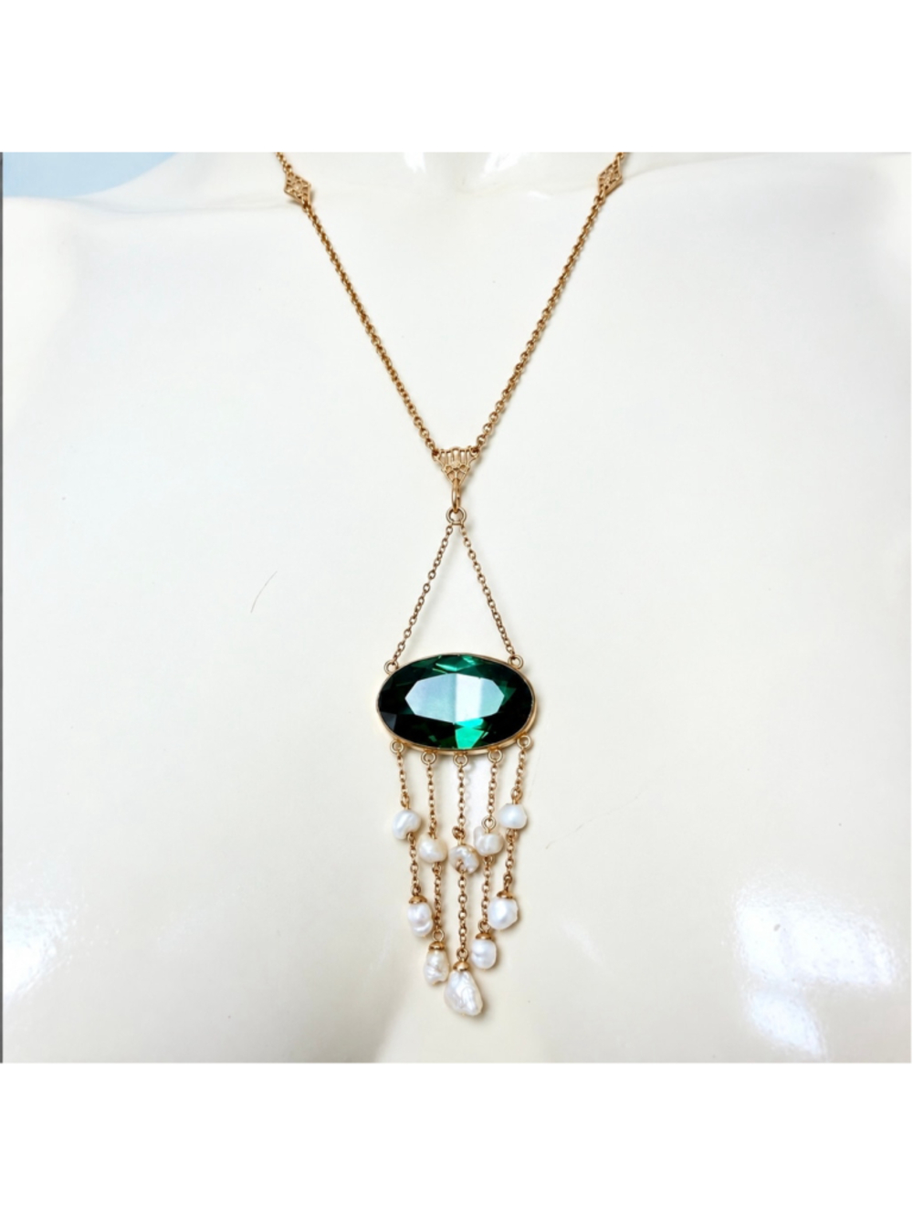Antique 14K Gold Victorian Edwardian Green Paste Glass Pearl Lariat Necklace